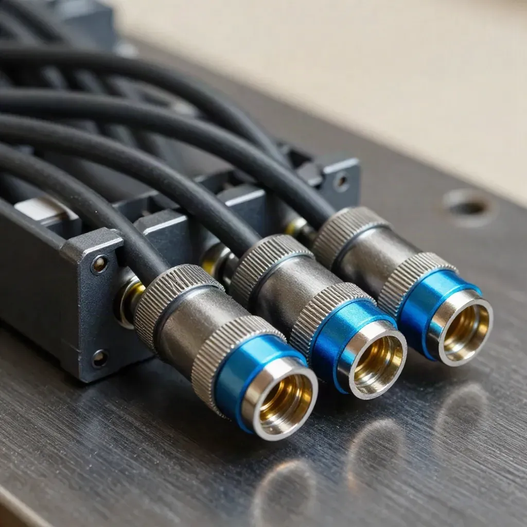 Telecom junction block with braided cables and connector sleeves on brushed metal