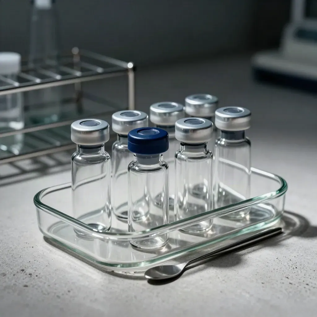 Glass vial tray with cap rings and a stainless spatula on pale concrete, lit like a premium lab still life.