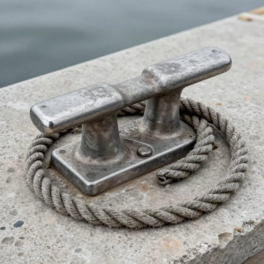 Top-down marine cleat, coiled rope, and steel fairlead on pale stone with cool salt haze.