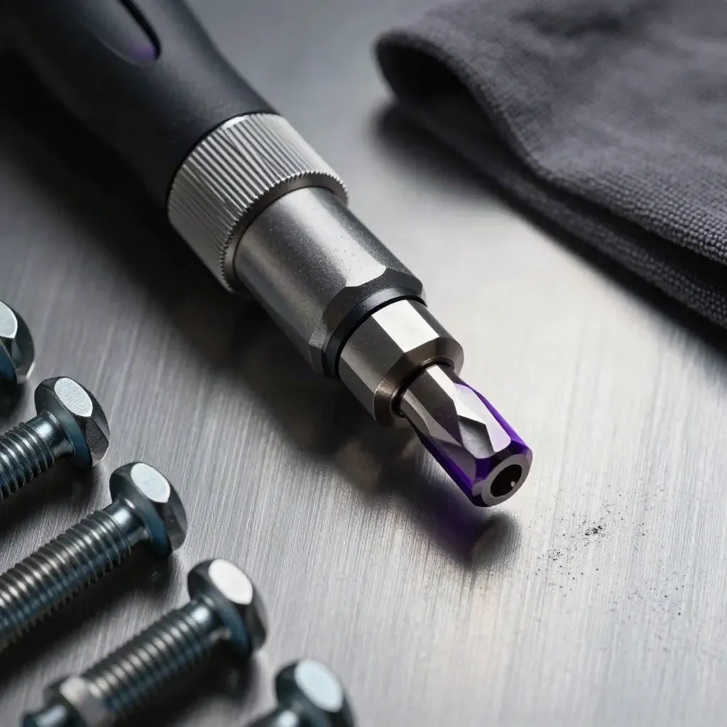 Aerospace torque driver with titanium fasteners on brushed aluminium, lit dramatically from above.