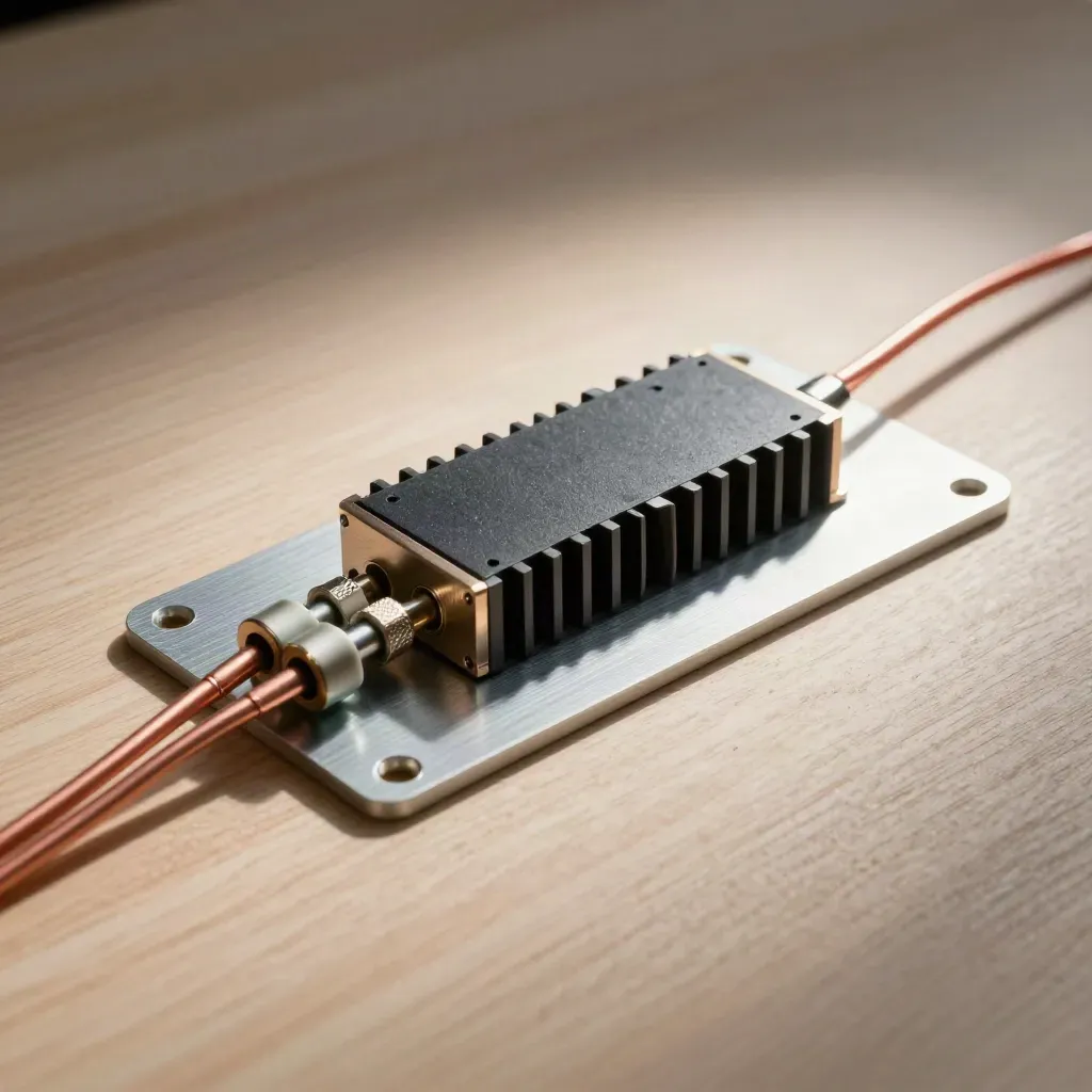 Top-down still life of a relay module, ceramic fuses, and aluminium plates on pale wood