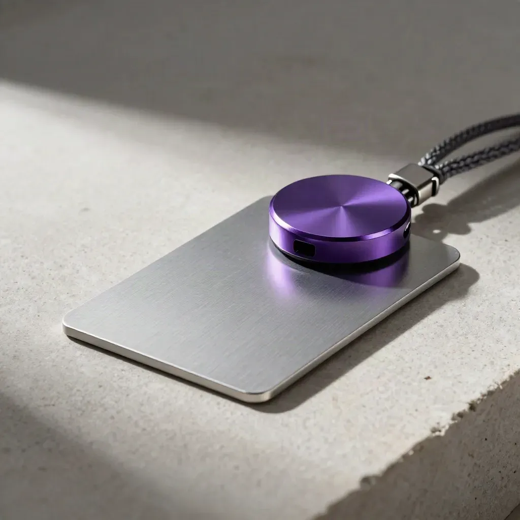 Metal wallet card overlapping an NFC puck with a braided lanyard clip on pale stone.
