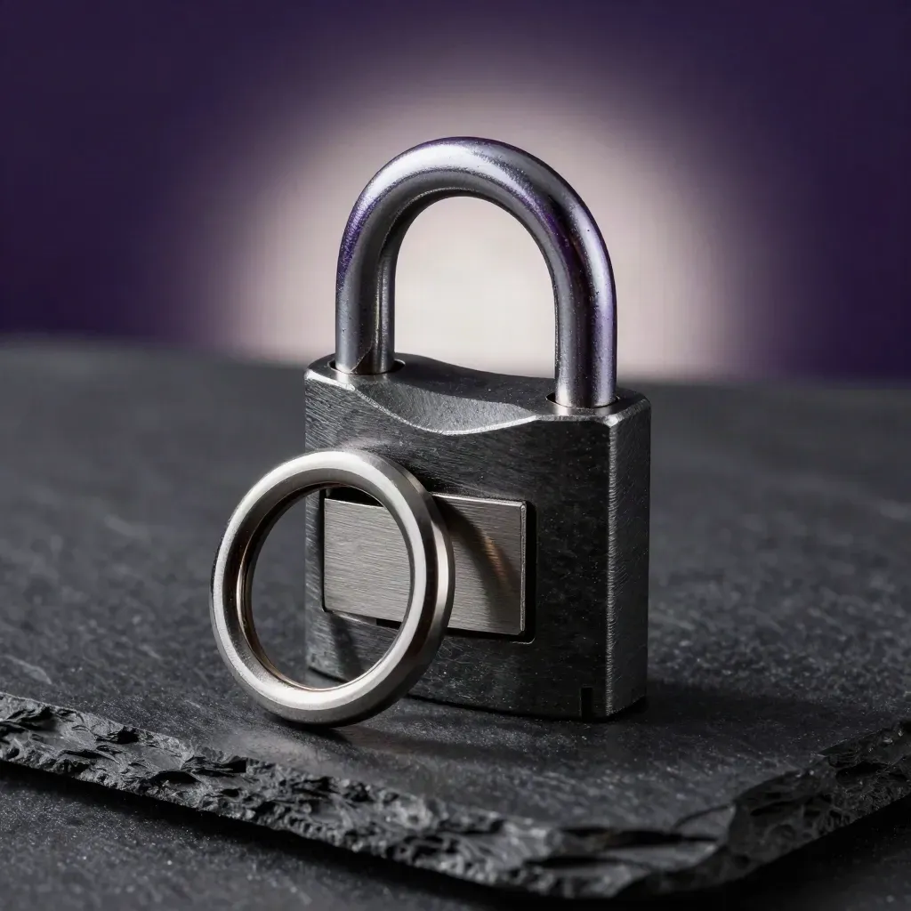 Vault lock cylinder and open shackle on dark stone with a violet edge highlight
