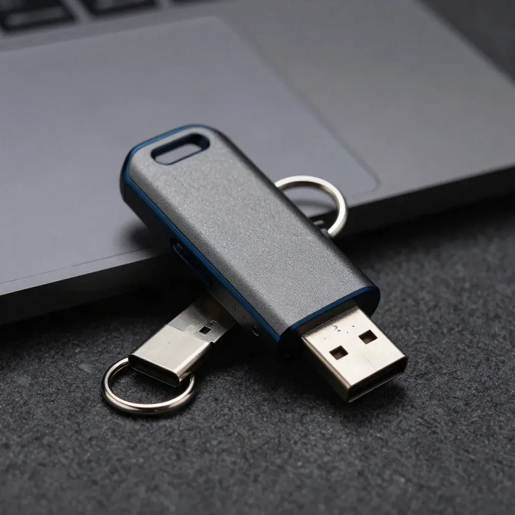 Macro still life of a USB-C security key, backup token, and split rings on charcoal felt.