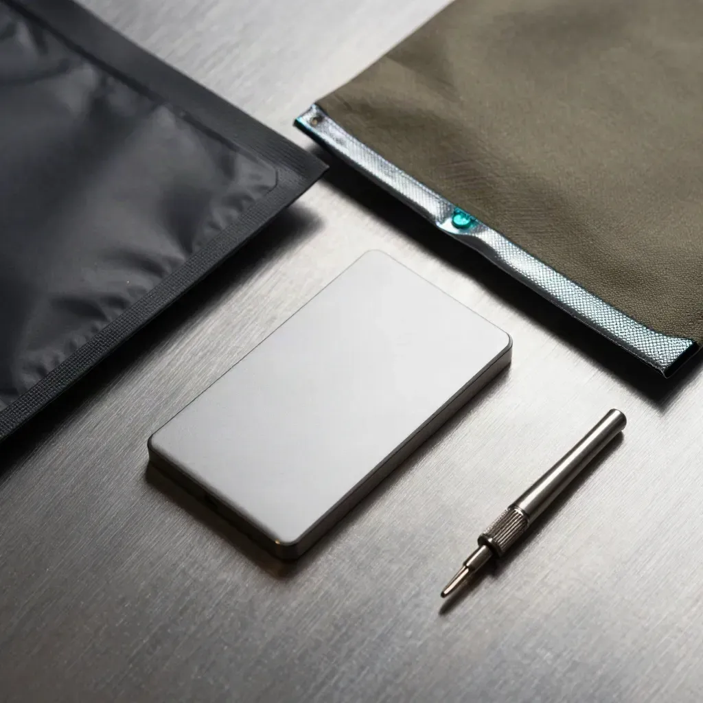 Top-down still life of a sealed node drive, anti-static pouch, and driver bit on brushed steel.