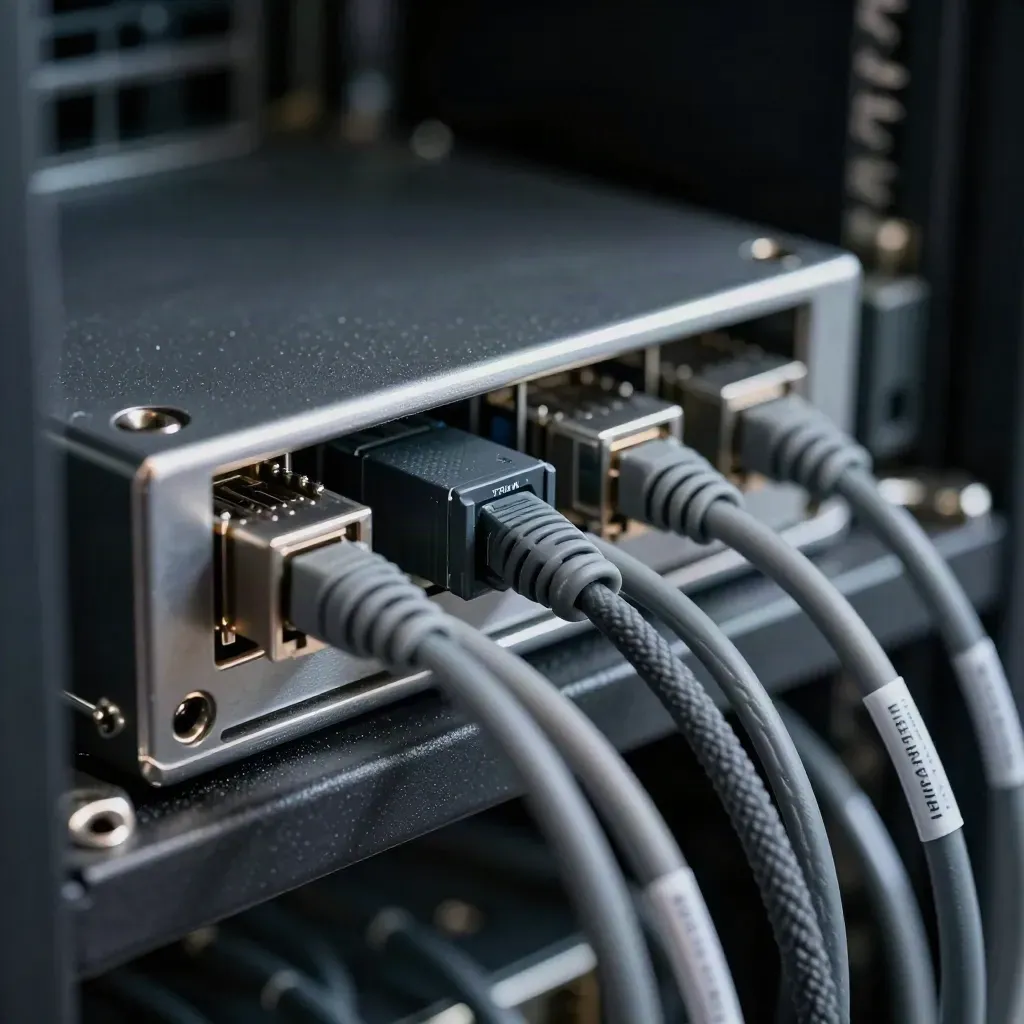 Macro of rack rails, TPM module, and fiber leads in a server rack with cool bokeh