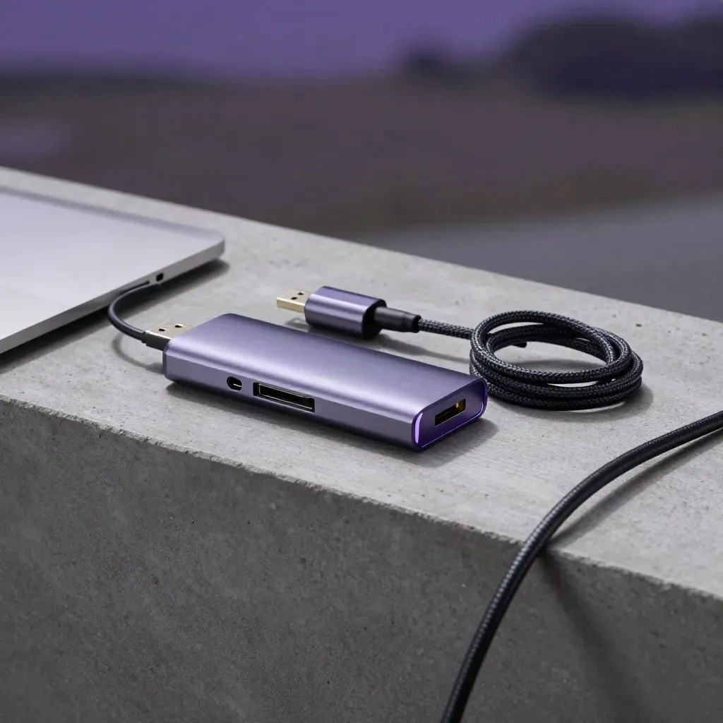 Hardware wallet, USB hub, braided cable and dongle cap on concrete in dramatic studio light.