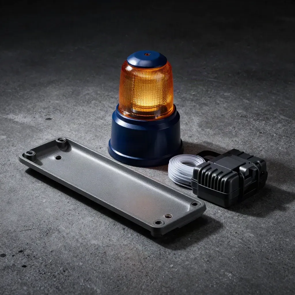 Alarm beacon capsule, drive sled, cable ties, and thermal probe on dark concrete, lit like premium tech gear.