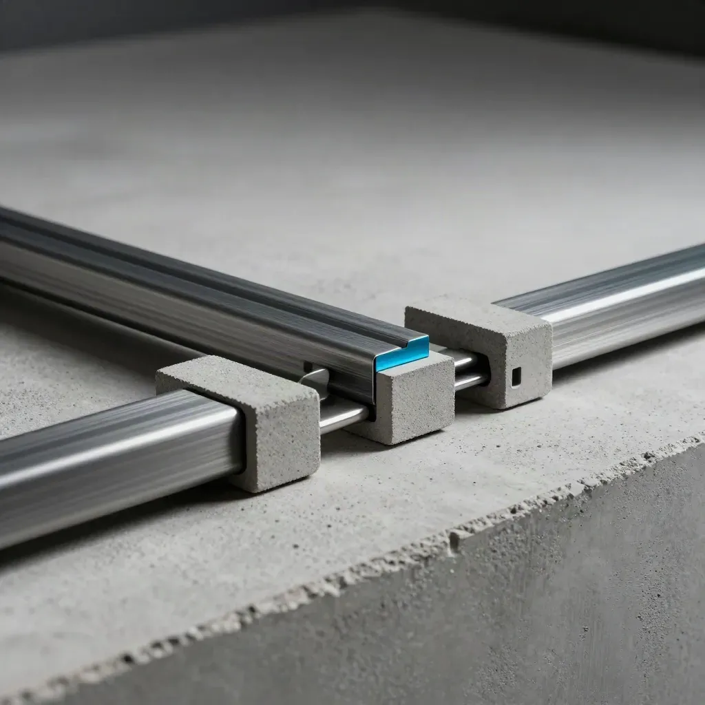 Overhead close-up of graphite modular blocks, guide rails, and a cyan connector on pale concrete.