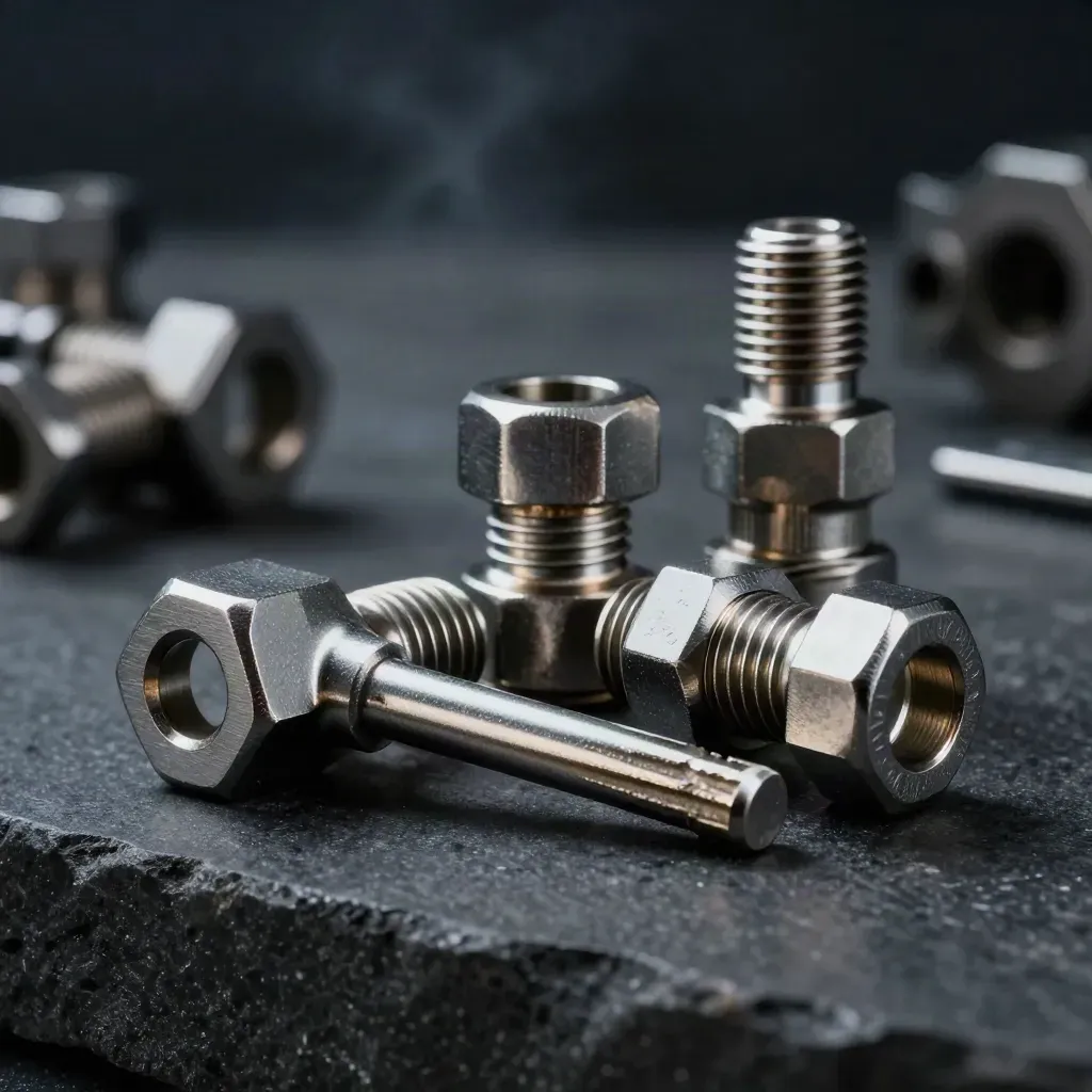 Machined connector parts and a hex key arranged on dark stone under dramatic side light.