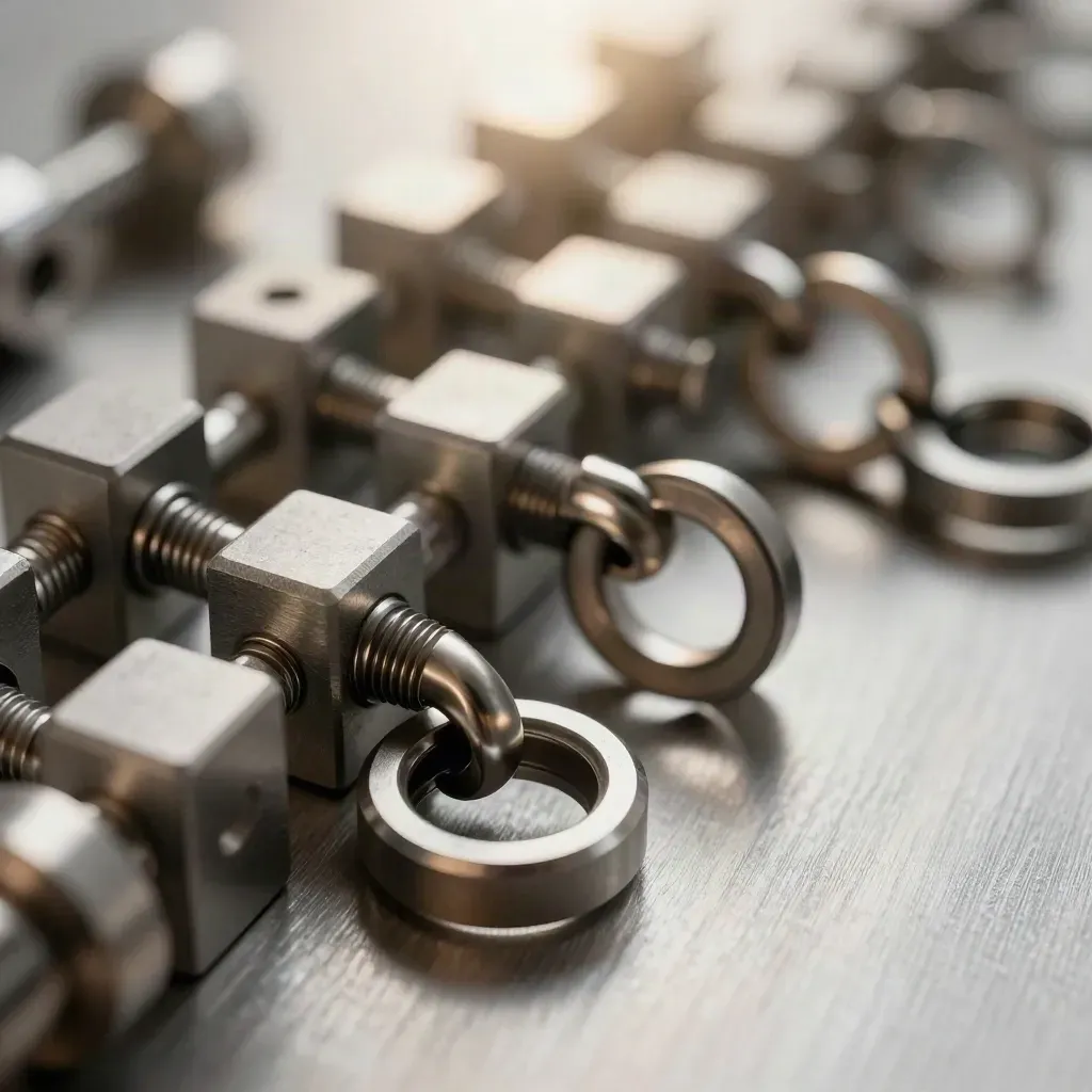 Macro flat lay of linked metal rings and precision couplers on brushed steel, sleek and technical.