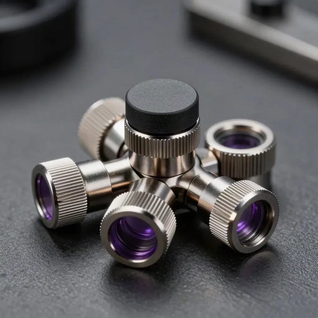 Precision connectors, a sensor puck, and linked metal rings on dark graphite, macro-lit.