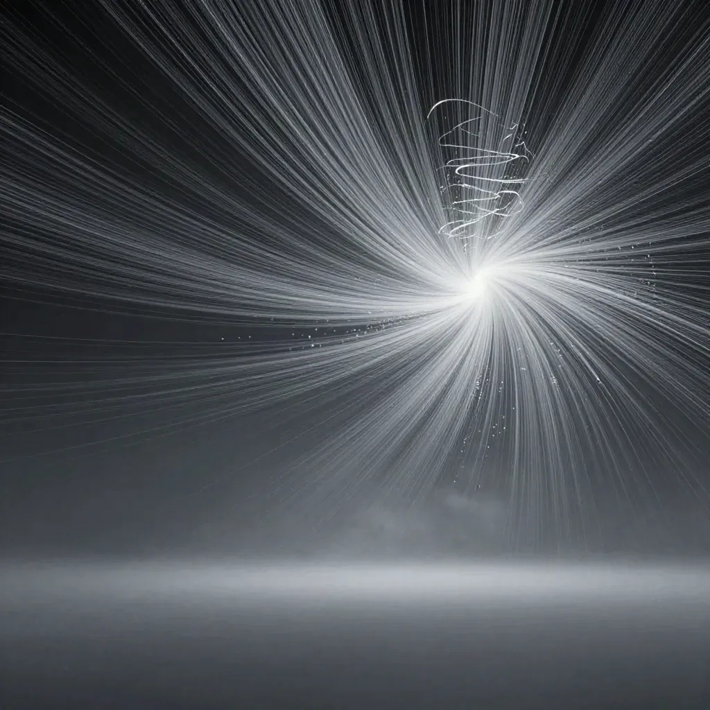 Silver filaments converge into a white bloom in graphite space, with calm empty lower third for copy.